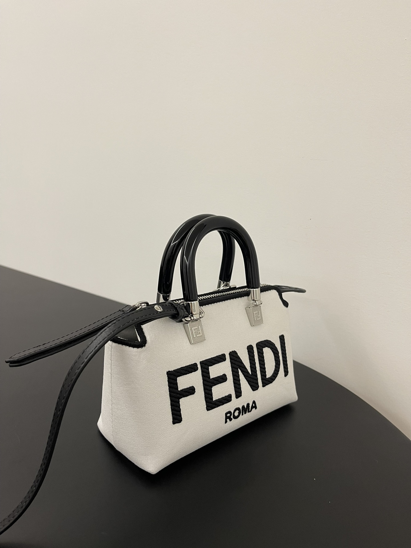 Fendi Mini By The Way Canvas Boston Shoulder Bag White